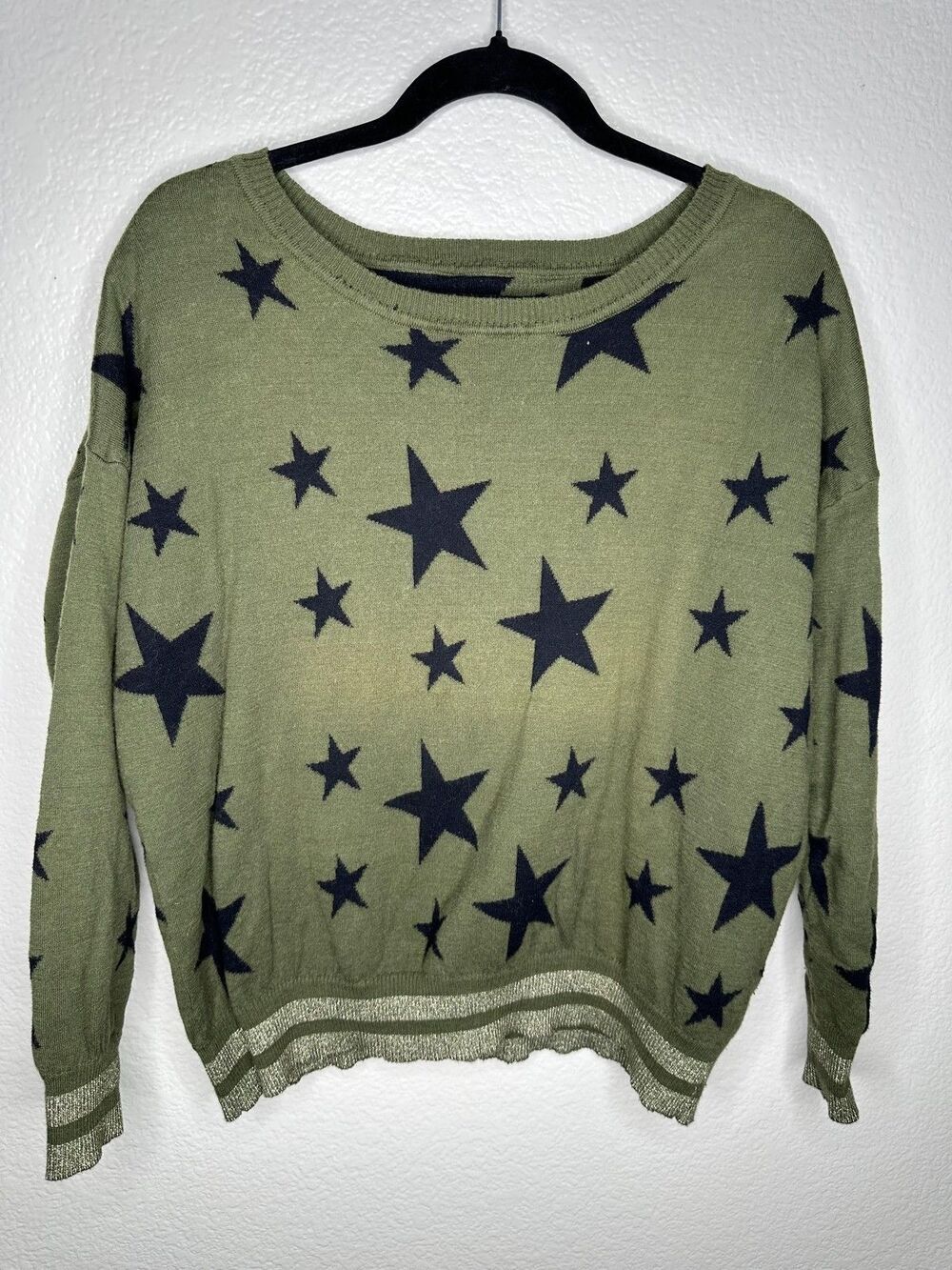 Chaser Sweater Womens Small Green Star Print Pullover Boatneck Cashmere Blend